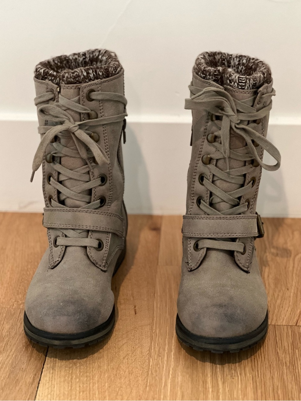 Roxy Gray Lace-Up Faux Suede Ankle Boots with Knit Cuff